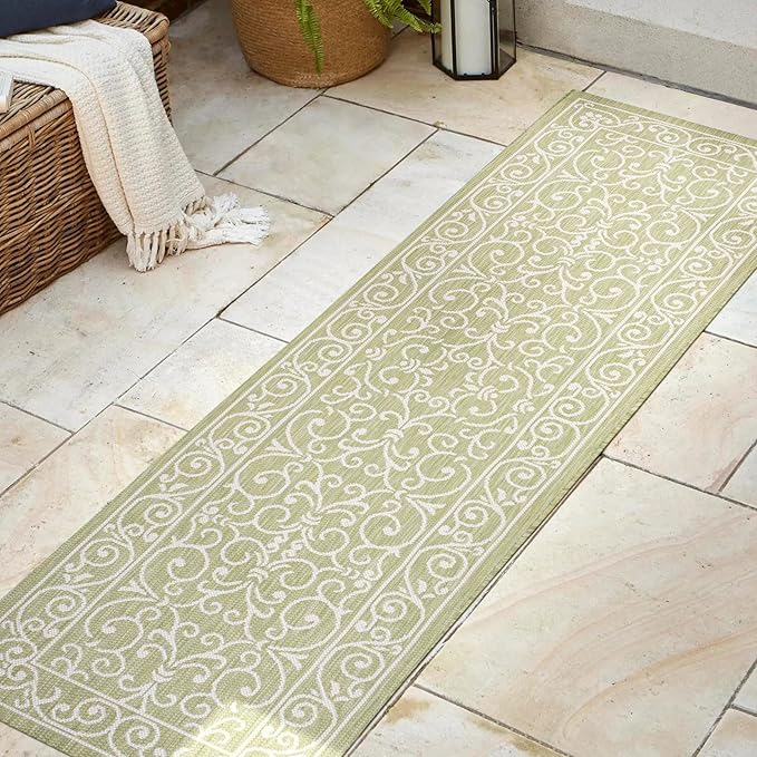 JONATHAN Y Vintage Filigree Indoor Outdoor Runner Rug 2X8 Green/Cream, Charleston Textured Weave for Backyard, Patio, Porch, Easy-Cleaning, High Traffic, Pet-Friendly, Non-Shedding (SMB106H-28)-Ruum Studio Home