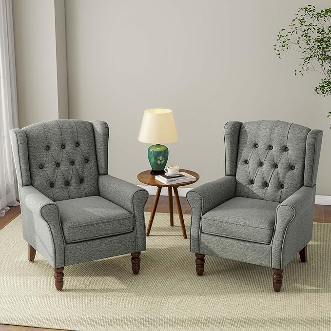 Accent Chair, Upholstered Armchair with Button Tufted High Back & Solid Wood Legs, Comfy Wingback Reading Single Sofa Chair for Small Spaces, Living Room, Bedroom (Grey, Set of 2)-Ruum Studio Home