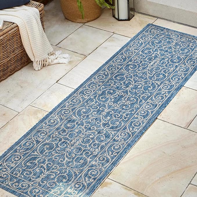 JONATHAN Y Vintage Filigree Indoor Outdoor Runner Rug 2X8 Navy/Gray, Charleston Textured Weave for Backyard, Patio, Porch, Easy-Cleaning, High Traffic, Pet-Friendly, Non-Shedding (SMB106D-28)-Ruum Studio Home