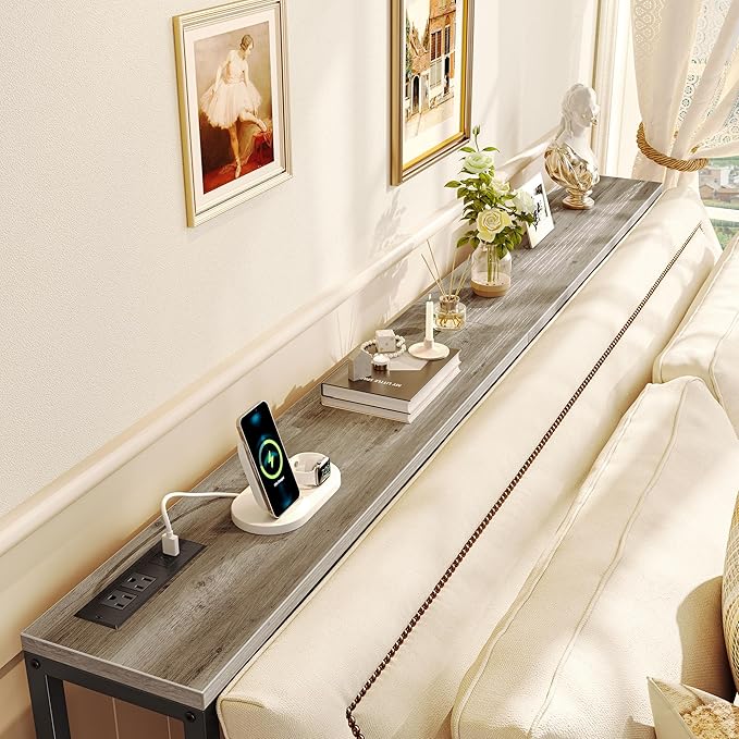 SUPERJARE 70 Inch Console Table with Outlet, Narrow Entryway Table for Living Room, Oak-Ruum Studio Home