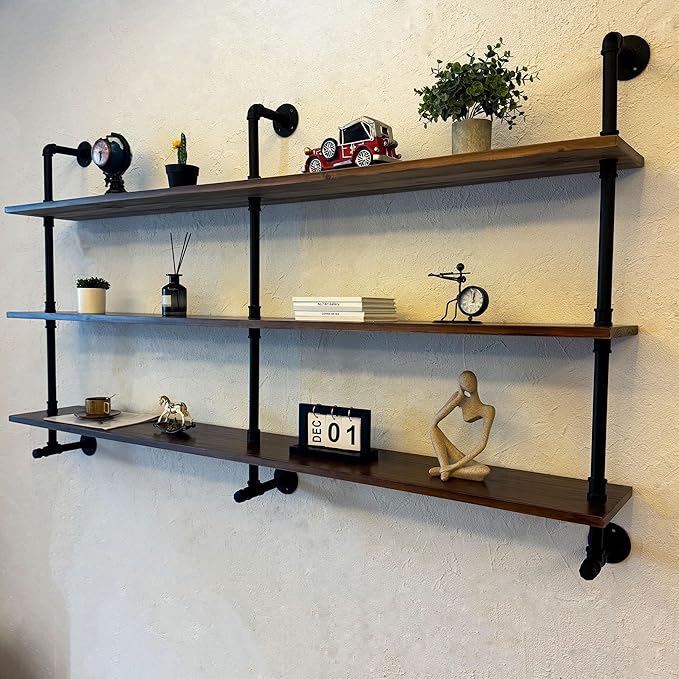 ROGMARS Industrial Pipe Wall Shelves Pipe Shelving with Real Wood Plank,70 Inches Floating Shelves for Wall Farmhouse Pipe Book Shelves Dark Brown 3Tier for Kitchen,Living Room Decor and Bar Shelving-Ruum Studio Home