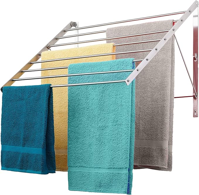 Smartsome | Wall Mounted | Clothes Drying Rack| 22" Wide |15 Linear Feet Capacity | 8 Smooth Round Stainless Steel Rods | 60 lb Capacity | Fully Assembled | Compact Sturdy Space-Saving Design-Ruum Studio Home