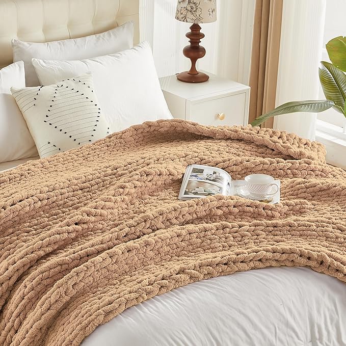 Carriediosa Chunky Knit Throw Blanket 50" X 60", 100% Hand Made Large Chenille Loop Yarn Soft Fluffy Throws for Couch Sofa Bed, Big Crochet Cozy Heavy Thick Cable Woven Blankets, Tan Brown-Ruum Studio Home
