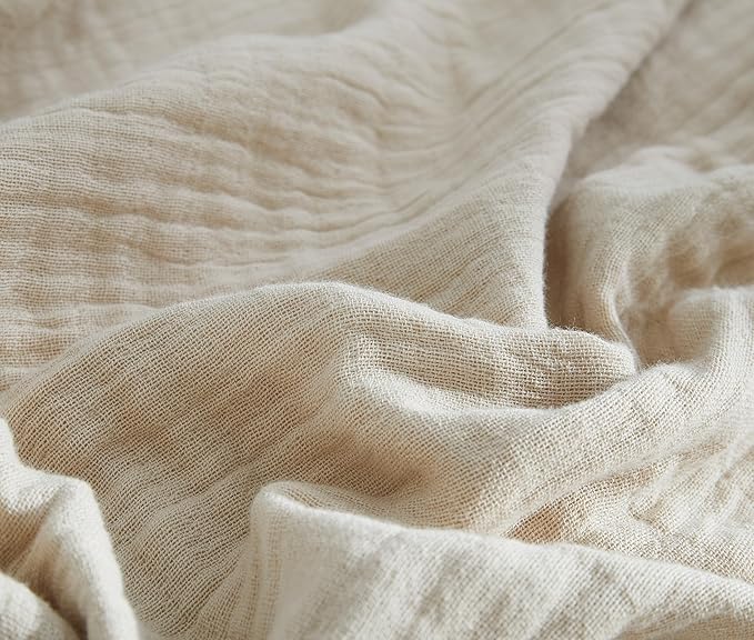 100% Cotton Muslin Throw Blanket for Bed, Couch, Small, Decorative, Soft, Pre-Washed, Breathable and Lightweight Gauze Blanket with Tassels, Suitable for All Seasons, Beige, 50"x60"-Ruum Studio Home