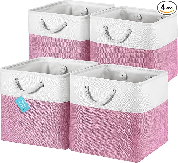 OrganiHaus 13x13 Cube Storage Bins 4 Pack, Foldable Cube Storage Organizer w/ Rope Handles, Collapsible Fabric Bins for Toys, Clothes & Closet Organization, Fabric Square Baskets - Pink/White-Ruum Studio Home