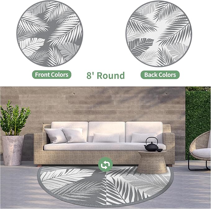 GENIMO Outdoor Rug 8' Round Waterproof for Patios Clearance, Reversible Outdoor Plastic Straw Camping Rug Carpet, Large Area Rugs Mats for RV, Camper, Deck, Balcony, Porch, Beach, Picnic, Grey&White-Ruum Studio Home