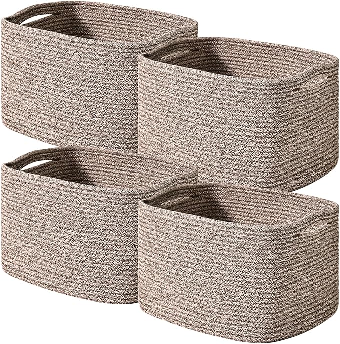 Storage Baskets for Shelves Organizing, Woven Cotton Rope Baskets for Storage, Book Basket, Decorative Shelf Basket, 12.5"Lx9.1''Wx7.9''H (4 Packs) Dark Brown-Ruum Studio Home