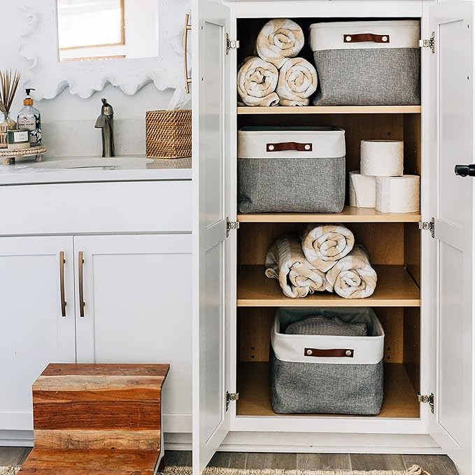 OrganiHaus Extra Large Fabric Storage Baskets for Shelves 3 Pack | 16x13in Closet Storage Bins for Shelves | Cloth Baskets for Organizing | Linen Closet Organizers | Fabric Storage Bin - Gray/White-Ruum Studio Home