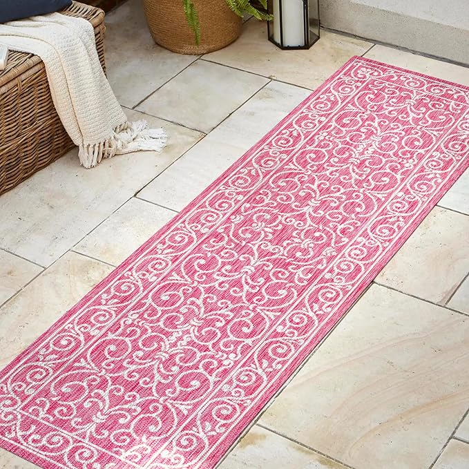 JONATHAN Y Vintage Filigree Indoor Outdoor Runner Rug 2X8 Fuchsia/Light Gray, Charleston Textured Weave for Backyard, Patio, Porch, Easy-Cleaning, Pet-Friendly, Non-Shedding (SMB106J-28)-Ruum Studio Home