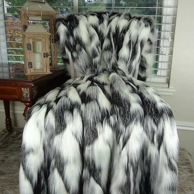Gray Black White Faux Fur Oversized Blanket and Bedspread - Tibet Fox Fur - Gray Black White Luxury Faux Fur - Soft Faux Fur Blankets, Bedspreads and Throws, Handmade in USA, 16438-Ruum Studio Home