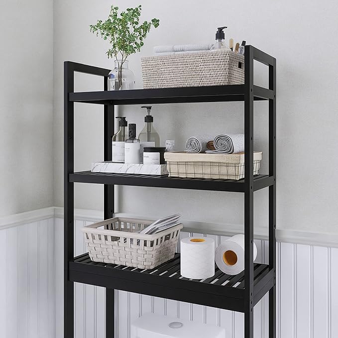 SMIBUY Bathroom Storage Shelf, Bamboo Over-The-Toilet Organizer Rack, Freestanding Toilet Space Saver with 3-Tier Adjustable Shelves (Black)-Ruum Studio Home