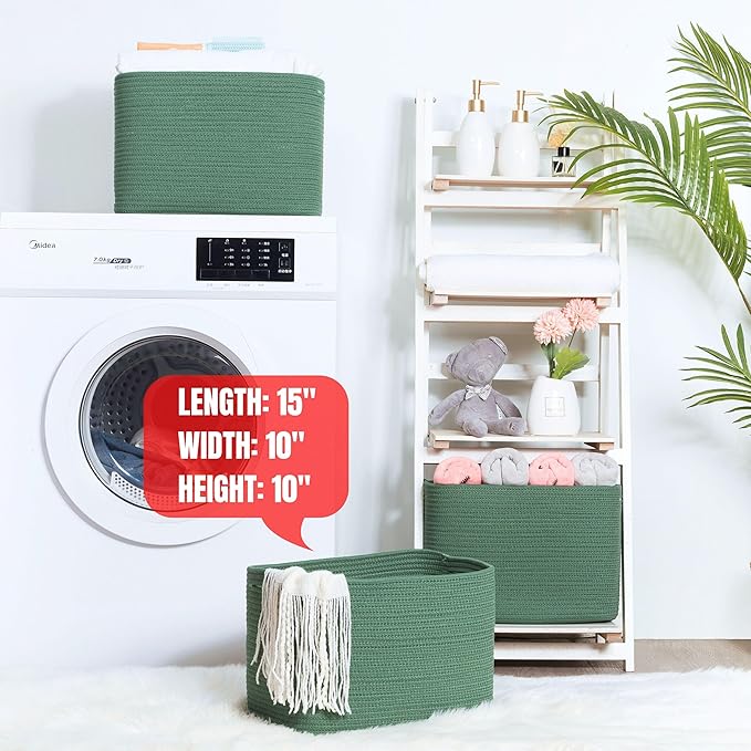 MINTWOOD Design 3-Pack Decorative Woven Storage Baskets for Shelves, Cube Bin Box for Organizing Books, Shoes, Dog Toys, Pantry Closet and Living Room Organizer, Forest Green-Ruum Studio Home