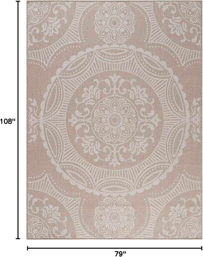 Medallion Outdoor Rug 6x9 Washable Outside Carpet for Indoor Patio Porch Waterproof Easy Cleaning Non Shedding Area Rugs Beige 6 x 9-Ruum Studio Home