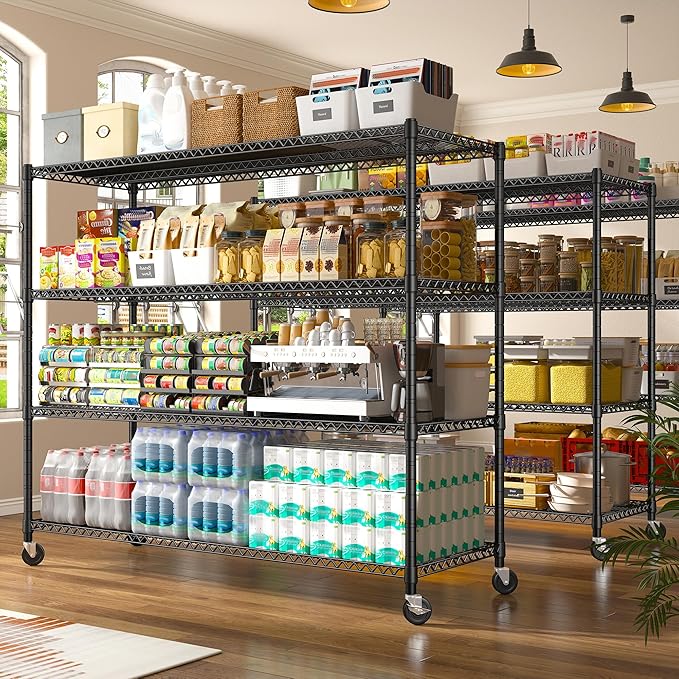 REIBII 60''W Storage Shelves 2399LBS Metal Shelving Unit with Wheels & Feet, 4 Tier Garage Shelving Heavy Duty Adjustable Wire Shelf for Pantry Kitchen Garage, 60" W x 18" D x 65.5" H, 2 Pack-Ruum Studio Home