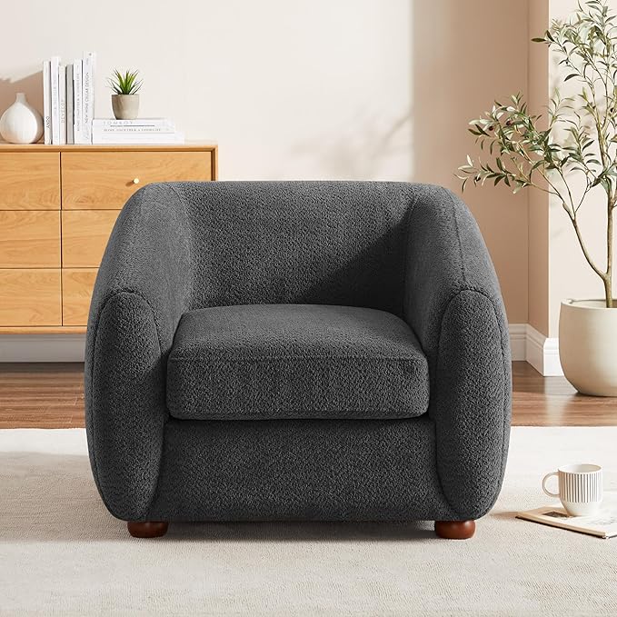 Modern Accent Chair for Living Room, Upholstered Armchair with Boucle Fabric, Single Sofa Chair with Solid Wood Legs, Boucle, Dark Grey-Ruum Studio Home