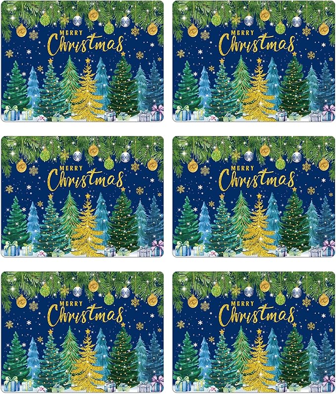 Christmas Pine Trees Placemats Set of 6 Plastic Table Mats Xmas Ball Ornaments Snowflakes Place Mats Holiday Pine Trees Winter Table Decoration for Indoor Outdoor Party Kitchen Dining-Ruum Studio Home