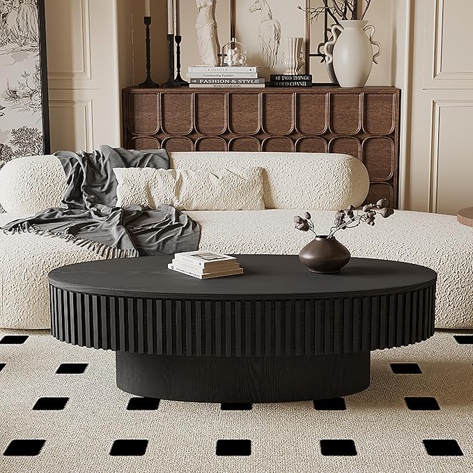 47.2''Oval Coffee Table with Storage, Mid Century Modern Fluted Drum Center Tables with Lid, Solid Wood Side Pedestal Coffee Table Tea Table for Living Room, Bedroom, Apartment-Black-Ruum Studio Home