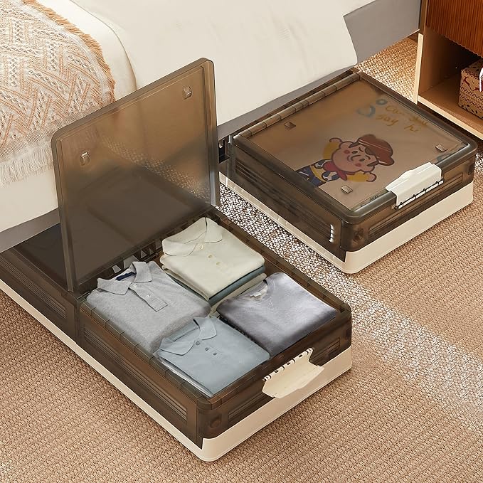 VECELO Under Bed Storage with Wheels, 2 Pack Stackable Under Bed Storage Containers, Underbed Storage Containers with Lids, Plastic Foldable Folding Box for Clothes Shoes, Grey-Ruum Studio Home