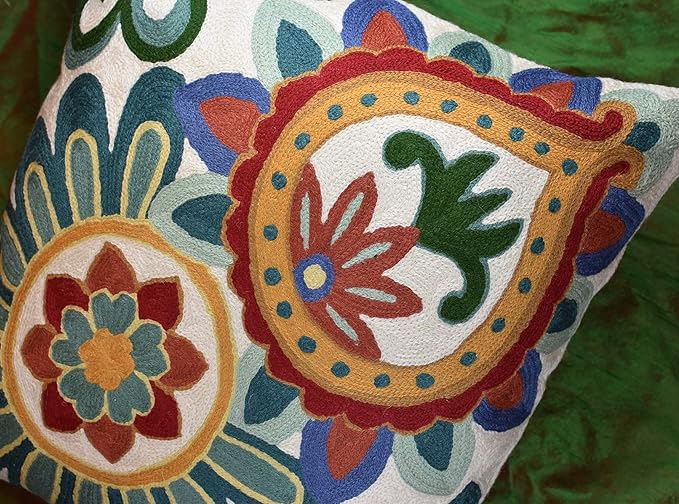 Daisy Floral Pillow Cover Teal Flower Pillowcase Flowery Outdoor Cushion Suzani Accent Pillowsham Flower Floral Chair Cushion Hand Embroidered Cushions Wool Size 18x18-Ruum Studio Home
