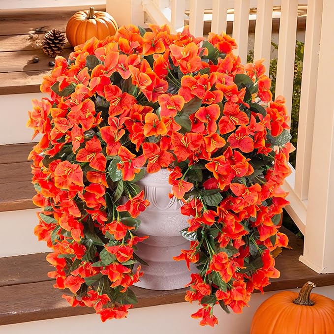 Artificial Bougainvillea Faux Flowers Plants for Outdoors Outside Fall Autumn Decor, 2 PCS Silk Trailing Vines UV Resistant Realistic Orange Fake Flowers for Planter Front Door Porch Patio Balcony-Ruum Studio Home