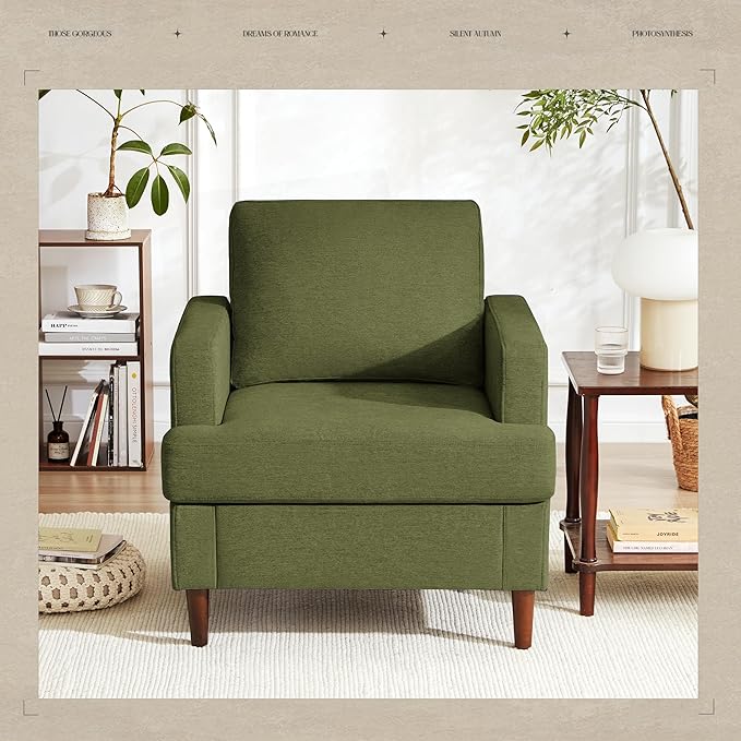 Mid-Century Accent Chair,Modern Linen Fabric Armchair for Living Room,Comfy Upholstered Reading Accent Chairs for Bedroom,Single Sofa Chair with Wood Legs (Green, 2 Pack)-Ruum Studio Home