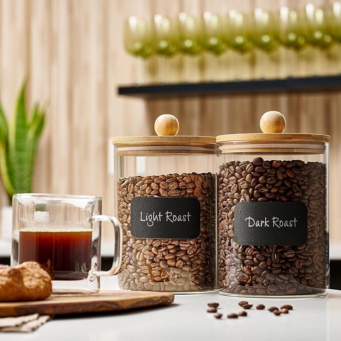 Set of 2 Large Glass Canisters for Kitchen Counter with Airtight Bamboo Lids + Marker & Labels - Cookie Jars with Wooden Lid, Food Storage Containers for Pantry, Flour Pasta Candy Coffee Pods - 68oz.-Ruum Studio Home