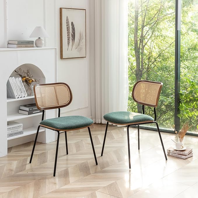 Rattan Dining Chairs Set of 2, Mid Century Modern Dining Chairs with Cane Back for Kitchen Dining Room, 19 Inch Fabric Green-Ruum Studio Home