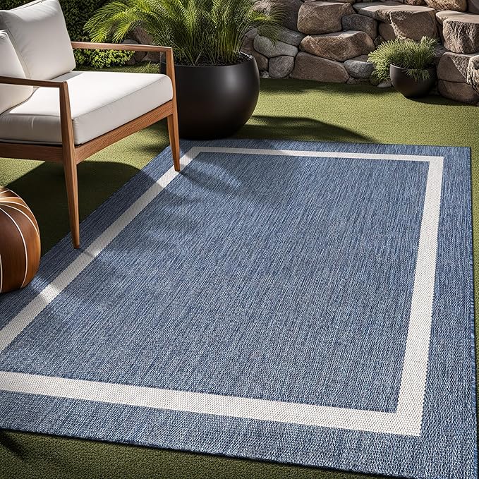 Bordered Outdoor Rug 9x12 Washable Outside Carpet for Indoor Patio Porch Waterproof Easy Cleaning Non Shedding Area Rugs Blue 9 x 12-Ruum Studio Home