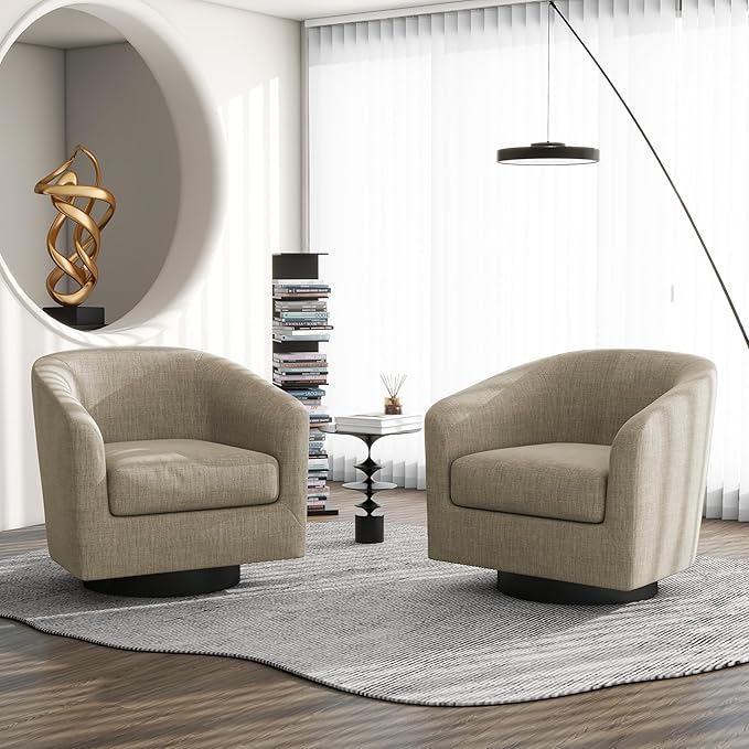 Swivel Barrel Accent Chair, Modern Round Linen Arm Chair for Living Room, Bedroom, Comfy Club Reading Chairs for Adults, Linen Fabric, Light Brown, Set of 2-Ruum Studio Home