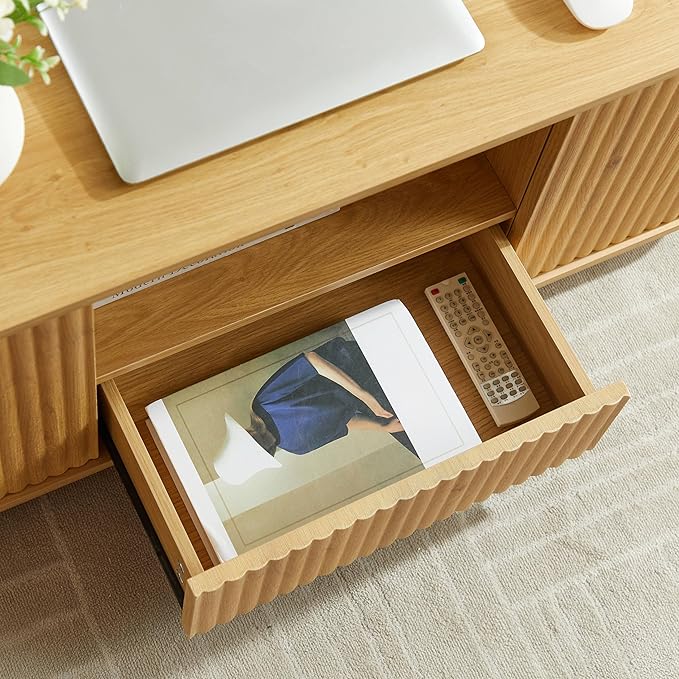 46.5" Oval Coffee Table with Drawers and Storage Mid Century Modern Fluted Solid Wood Side Coffee Tables, Luxury Tea Table Center Table for Living Rooms Offices Apartmen, Natural-Ruum Studio Home