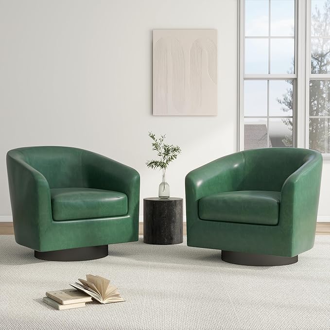 Swivel Barrel Accent Chair, Modern Round Faux Leather Arm Chair for Living Room, Bedroom, Comfy Club Reading Chairs for Adults(Faux Leather, Green, Set of 2)-Ruum Studio Home