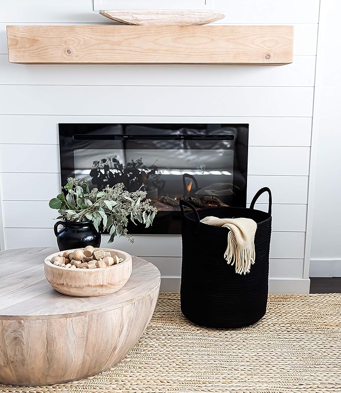 OrganiHaus Woven Laundry Basket - Large Round Black Rope Basket for Dirty Clothes, Blankets, Toys & Nursery Organizers - 38x45cm-Ruum Studio Home