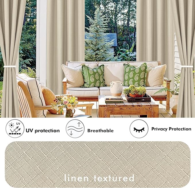 HolidayIdeas 6 Panels Linen Outdoor Curtains for Patio Waterproof Cream Outside Curtains 54"x84"-Indoor/Outdoor Gazebo Curtains Weatherproof, Privacy for Pergola, Porch, Cabana, Living Room, Deck-Ruum Studio Home