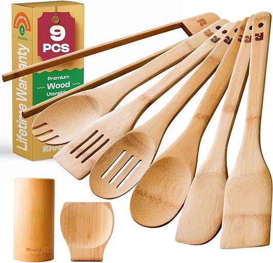 Riveira Bamboo Wooden Spoons for Cooking 9-Piece with Holder, Apartment Essentials Wood Spatula Spoon Nonstick Kitchen Utensil Set Premium Quality Housewarming Gifts for Everyday Use-Ruum Studio Home