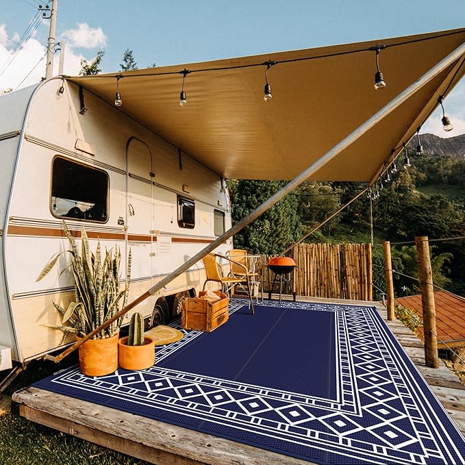 GENIMO Outdoor Rug Waterproof Area 10'x14' for Patio, Foldable Reversible Plastic Straw Carpet for Travel Trailers, Outside Mat for Rv, Deck, Picnic, Porch, Camper, Balcony, Beach, Blue & White-Ruum Studio Home