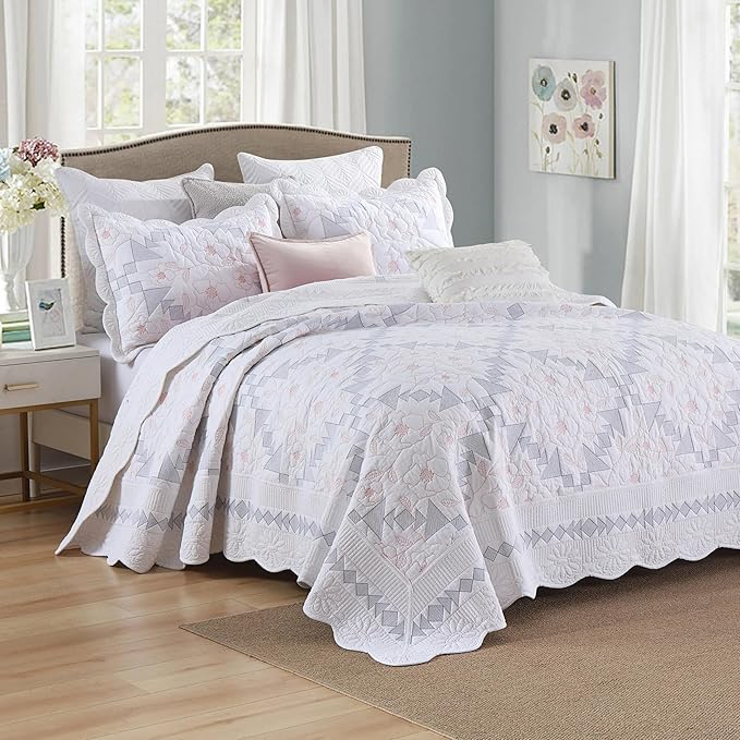 MarCielo 3-Piece 100% Cotton Oversized Bedspread Lightweight Quilt Coverlet Embroidery Farmhouse Bedding Set (TC Colorful White, Oversized King (118"x106"))-Ruum Studio Home