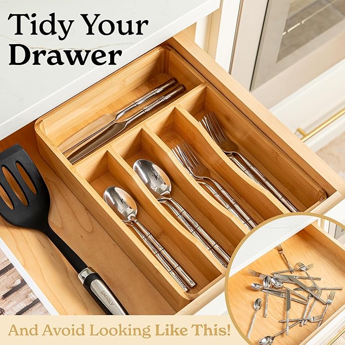 SMIRLY Silverware Drawer Organizer – Bamboo Kitchen Drawer Organizer, Adjustable Utensil Holder and Cutlery Tray, Drawer Dividers for Flatware and Kitchen Utensils-Ruum Studio Home