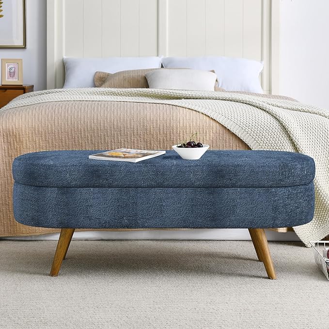 Oval Storage Bench 43.5" Linen Fabric Upholstered Entryway Bench with Solid Wood Legs Ottoman Bench Indoor Bench for Living Room/Bedroom/End of Bed/Entryway (Blue)-Ruum Studio Home