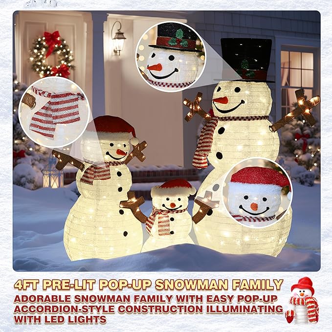 4FT Pop-Up Snowman Family, Pre-Lit Holiday Decoration Sign with 270 LED Lights, Customized Placement Holiday Display for Indoor, Outdoor-Ruum Studio Home