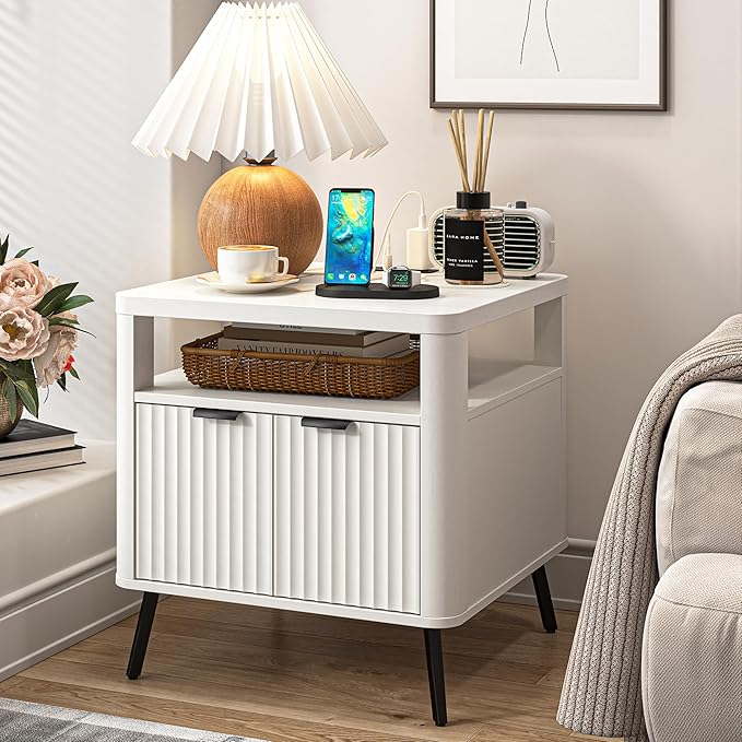 Nightstand with Charging Station, 24" End Table Side Table with Open Shelf, Modern Large Wood Fluted Bedside Cabinet for Bedroom, Living Room, White-Ruum Studio Home