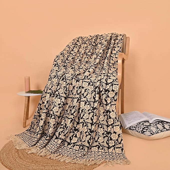 Handmade Cotton Throw Blanket, Floral Block Print, Black and Beige Wrap, 47x71 inches Decorative Woven Throw with Tassels-Ruum Studio Home