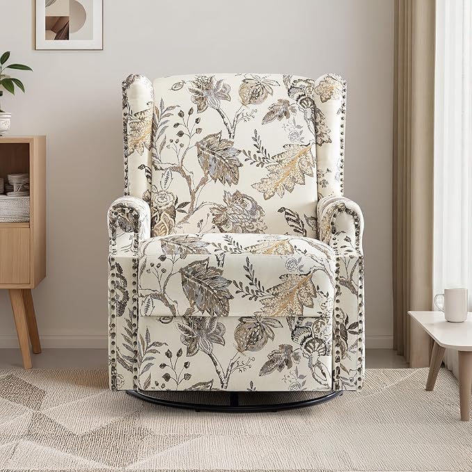 UIXE Swivel Rocker Manual Recliner Chair, Wingback Swivel Glider Fabric Nursery Reclining Sofa Chair, High Back Upholstered Arm Chair for Living Room Bedroom - Beige Plants-Ruum Studio Home