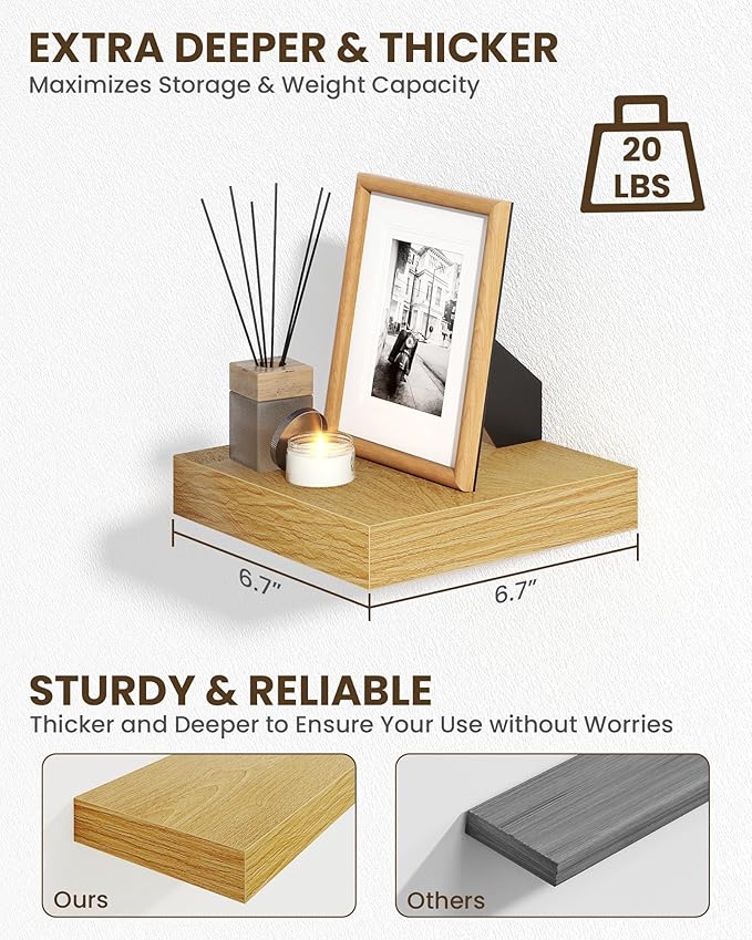 Marsmiles 6.7" Floating Shelves for Wall, Wooden Shelves with Invisible Brackets Set of 2, Rustic Farmhouse Wall Mounted Shelf for Kitchen Bathroom Living Room Study, Natural Oak-Ruum Studio Home