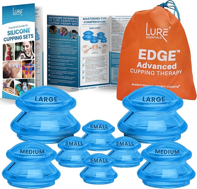 Lure Essentials Edge Silicone Cupping Set, Cupping Kit for Massage Therapy, Long Lasting Cups for Professional & Home Use, Body Sculpt Cup for Cellulite, Ultra Transparent Blue (8 Count)-Ruum Studio Home