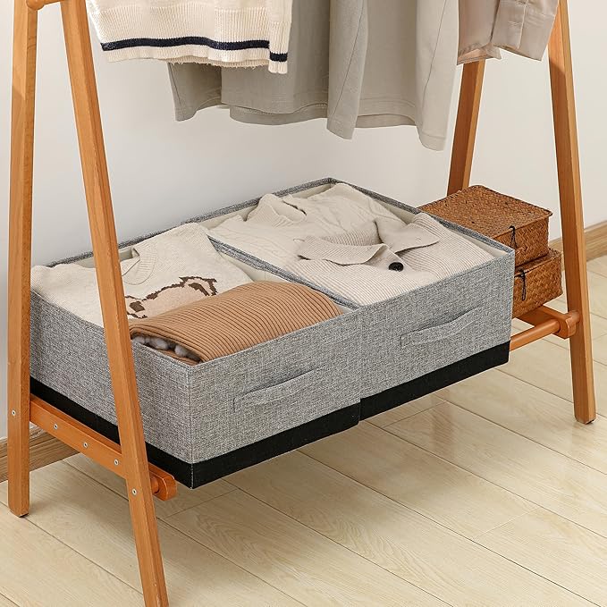 Linen Folding Storage Bins, 3 Pack Large Storage Baskets, Washable, Clothing Storage Bins with Handle, Closet Organizer for Storage Sweater,Sheets (gray black, 18½"x13½"x8½")-Ruum Studio Home