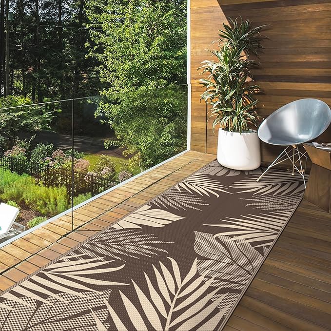 GENIMO Outdoor Rug 2.5' x 8' Waterproof for Patios Clearance, Reversible Outdoor Plastic Straw Camping Rug Carpet, Large Area Rugs Mats for RV, Camper, Deck, Balcony, Porch, Beach, Coffee&Beige-Ruum Studio Home