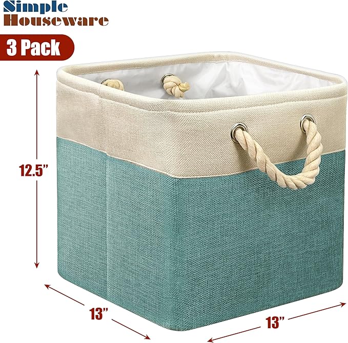 SIMPLE HOUSEWARE Fabric Storage Cubes, 13" x 13" Storage Bin, 3 Pack, Turquoise-Ruum Studio Home