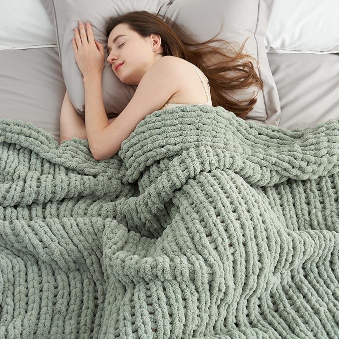 Amélie Home Chunky Knit Throw Blanket for Couch, Soft Chenille Crochet Blanket for Children, 40"x50", Sage Green-Ruum Studio Home