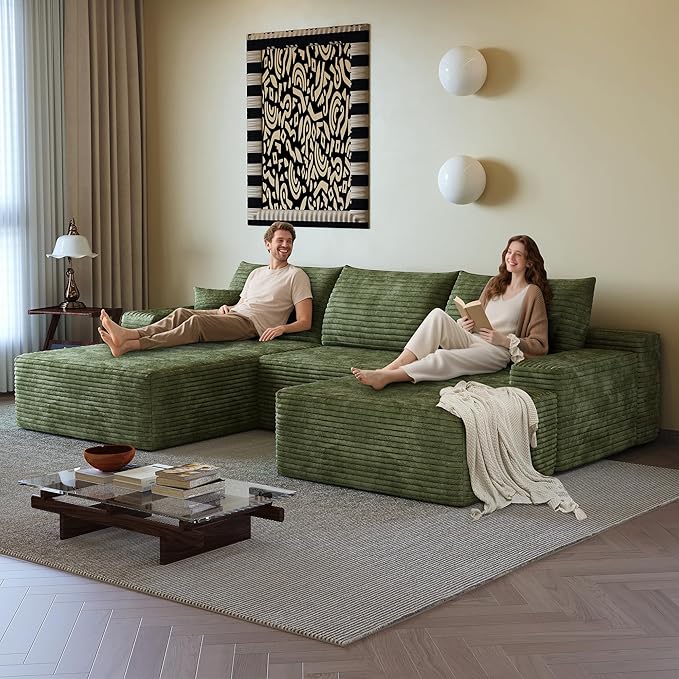 108" Sectional Couches for Living Room Modern Modular Sofa with L-Shape Couchs Upholstered Boneless Couch Deep Seat Sectional Couch with Chaise (Green, Left Facing Chaise+2Seaters+1Ottoman)-Ruum Studio Home