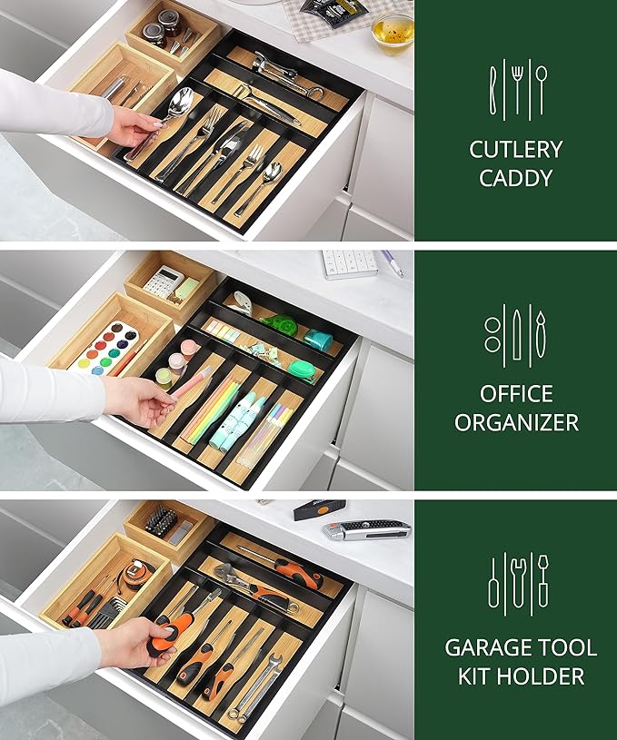 ROYAL CRAFT WOOD Luxury Bamboo Kitchen Drawer Organizer - Silverware Organizer - Utensil Holder and Cutlery Tray with Grooved Drawer Dividers for Flatware and Kitchen Utensils (7 Slot)-Ruum Studio Home
